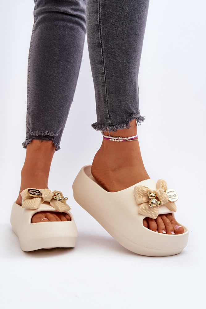 Bow detail platform sliders Teddy bear