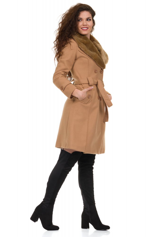 JESSYSS Belted Coat With Faux-Fur Collar